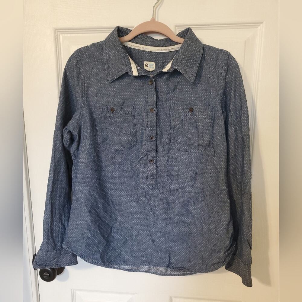 TOMS x Target Chambray Polka Dot Denim Shirt Long Sleeve Button Down L